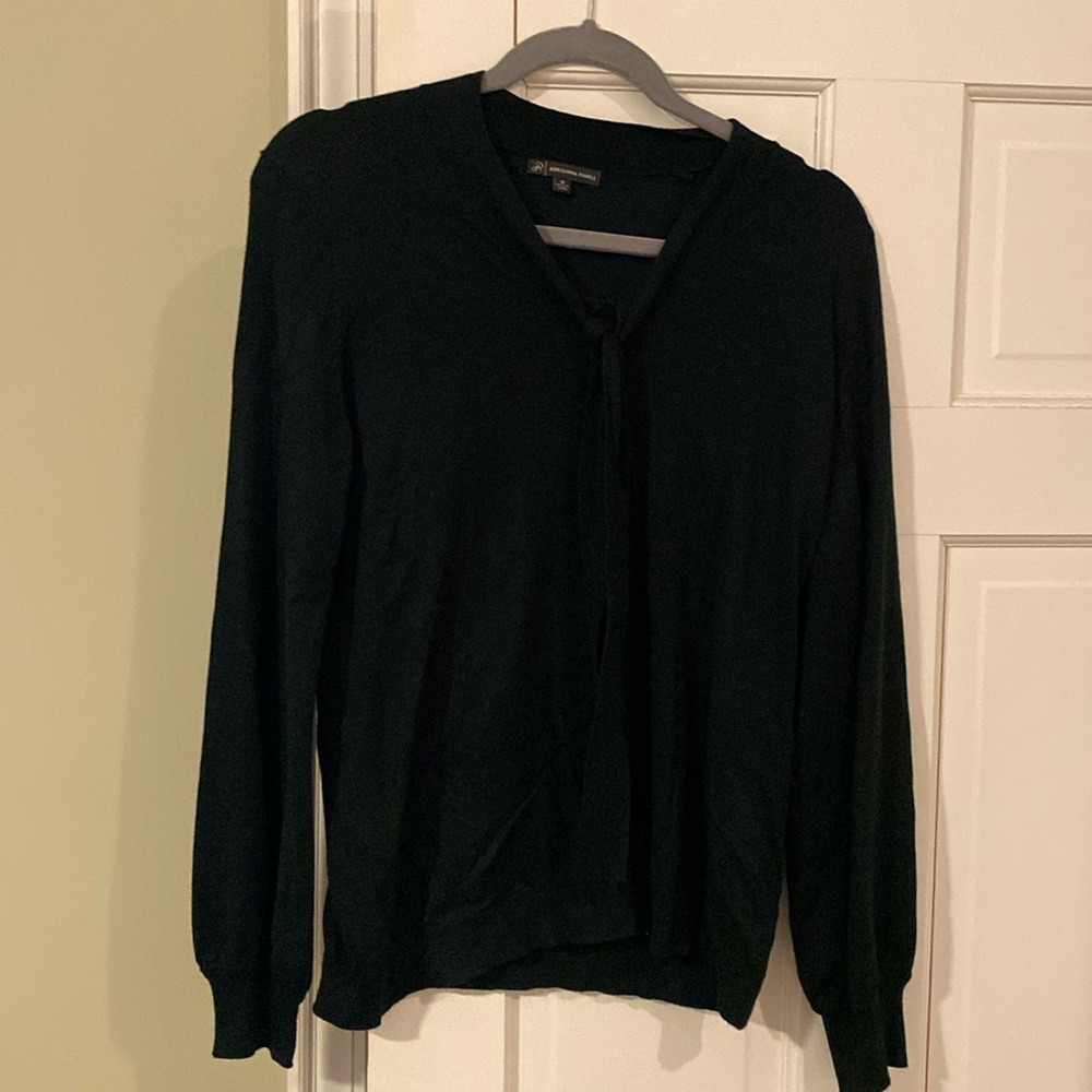 Adrienne Papell sweater, dark green. High Vneck shape with tie around the neck.